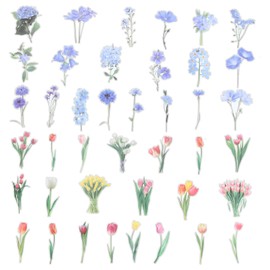 PATIKIL Transparent Flower Vinyl Stickers, 80 Sheet Waterproof PET Flowers Decals Floral Stickers for Scrapbook Journaling Crafts DIY Water Bottle, Blue & Pink