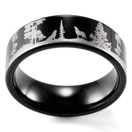 SHARDON Men's 8mm Black Tungsten Ring with Engraved Wolves in Forest Size 8