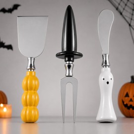 Potchen 3 Pcs Halloween Cheese Knives Spreader Set, Ghost Cheese Knife Pumpkin Shovel Witch Hat Fork Resin Handle Stainless Steel Utensils Set for Charcuterie Board Butter Slicer Cutter