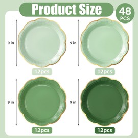 9 Inch Green Gradient Paper Plates, Gold Rim Party Plates