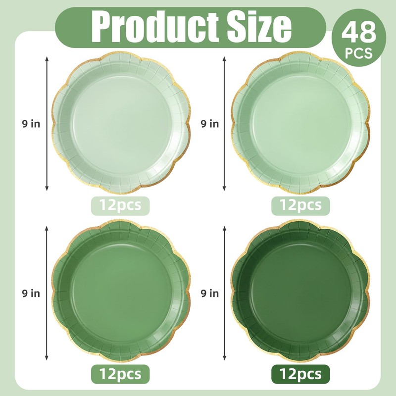 9 Inch Green Gradient Paper Plates, Gold Rim Party Plates