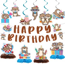 Lovarywow Otter Birthday Party Decorations - 12PCS Sea Otter Party Decorations Happy Birthday Banners Hanging Swirls Honeycomb Centerpieces Under the Sea Ocean Animal Themed Supplies Decor