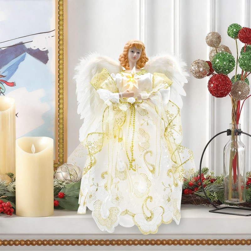 12" Lighted White Angel Christmas Tree Topper with Feather Wings