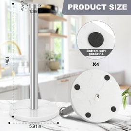 Standing Paper Towel Holder, Kitchen Paper Towel Roll Holder- for Bathroom Kitchen Countertop with Weighted Marble Base for One-Handed Operation (Silver), Silver Paper Towel Holder