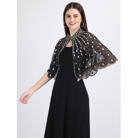 AOL Women's Hand Beaded Embroidered Embellished Georgette Chiffon Poncho Cape Wrap Flapper Shawl for Cocktail Great Gatsby Harlem Nights Waist Length(Black Silver, Free Size)