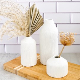 Boho Ceramic White Bud Vases by Kate Aspen (Set of 3) - Boho Flower Vase for Pampas Grass, Eucalyptus, Dry Flowers & Plants | Shelf Decor, Mantle Decoration, Modern Farmhouse Decor