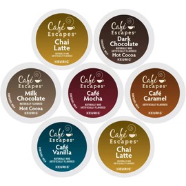 Cafe Escapes K-cups Coffee Pods Variety Sampler Includes Cafe Mocha, Vanilla, Caramel, Chai Latte, Dark & Milk Chocolate Hot Cocoa for Keurig Brewers. 24 Count