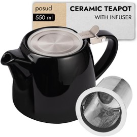 posud Teapot with Infuser – Ceramic Teapot with Strainer for 2 Cups – 550ml Small Tea Pot Infuser for Loose Tea – Stump Tea Pot with Filter for Two (Black)