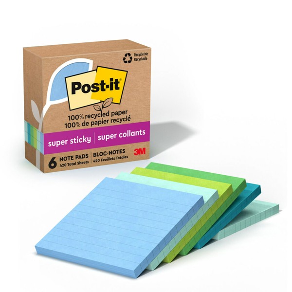 Post-it 100% Recycled Paper Super Sticky Notes, Lined, 4 in.