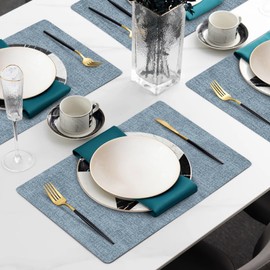 Enaskv Faux Leather Heat Resistant Placemats Set of 6 – Waterproof Oilproof Wipeable Dining PU Vinyl Place Mat Easy Clean Table Mats for Kitchen/Dining/Party/Holiday, Blue