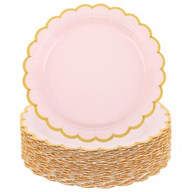 AimFun Pink Disposable Dessert Party Plates 7inch Gold Foil Scalloped Paper Plate for Christmas Bridal Baby Shower Wedding Tea Party Supplies