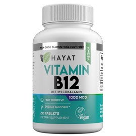 HAYAT Vitamins Vegan Natural Vitamin B12 1000 MCG, Dietary Supplement for Energy Metabolism Support, 2 Month Supply, All Natural, Certified Halal, 60 Tablets, Made in The USA