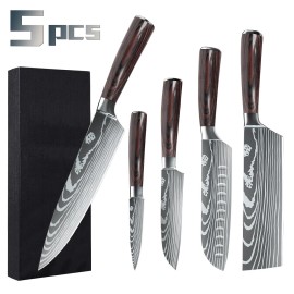 MDHAND 5PCS Chef Knife Set Japanese Damascus Steel Kitchen Knives Meat Cutting Cleaver