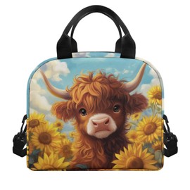 POLERO Sunflower Highland Cow Lunch Box Girls Small Thermal Lunch Bag Back to School Food Containers with Shoulder Strap