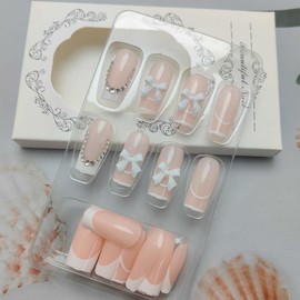 24Pcs White French Tip Press on Nails Medium Square Fake Nails Rhinestone Nails Tip Design Cute Press ons Bow Charm False Nails Nude Pink Full Cover Gem Glue on Nails Coffin Acrylic Nails for Women