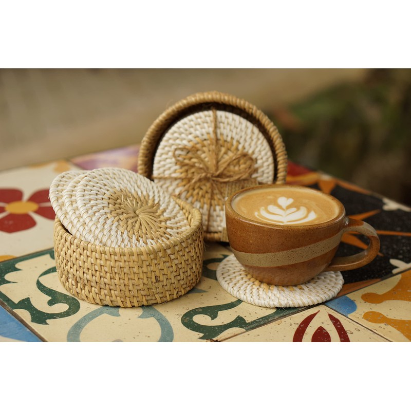 L.Bo Ethnic Handwoven Rattan Coasters Set, 6 Pieces with Holder,