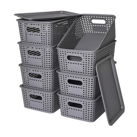 Plastic Storage Baskets with Lid-Plastic Storage Containers Stackable Storage bins: Storage Baskets for Organizing Shelves Drawers Desktop Closet Playroom Classroom Office, 8Pack-Gray,10.2x7.2x4.1Inch