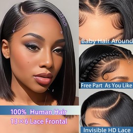 VCVVCV 12 Inch Bob Wig Human Hair 13x6 Hd Lace Front Human Hair Wigs For Black Women Glueless Lace Front Wigs Pre Plucked Pre Cut 180% Density Black Short Straight Bob Wig