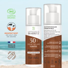 Laboratoires de Biarritz - Tinted Sun Cream Face - Amber - SPF30 ALGA MARIS® Organic Certified - Hydrated, Matted, Provides a Healthy Glow - 50 ml - Made in France