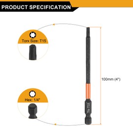 sourcing map T15 Torx Head Screwdriver Bit 4" (100mm) Long 1/4" Hex Shank Magnetic No Hole Tamper Proof 6 Point Star Screw Driver Drill Bits Phosphate S2 Steel Industrial Power Tools