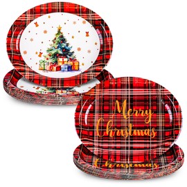 Houuqe 48 Pcs Christmas Paper Platters Disposable Christmas Oval Buffalo Plaid Paper Plates, 9" x 11" Large Xmas Dinner Serving Platters Tableware set for Winter Xmas Party Holiday Supplies