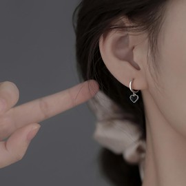 SLUYNZ 925 Sterling Silver Black Heart Hoop Earrings for Women Love Heart Hoop Earrings Huggie (A-Silver)