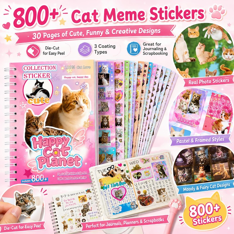 Cat Sticker Book with 800+ Cat Meme Stickers, 30 Pages