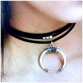 Yheakne Black Layered Suede Choker Necklace Silver Moon Pendant Necklace Punk Leather Choker Necklace Vintage Multi Layer Necklace Chain Jewelry for Women