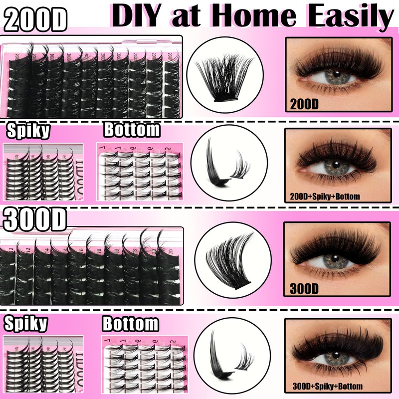 YIDUO Lashes Clusters Kit 200D+300D+Spikes+Bottom Cluster Lash Extensions Kit with
