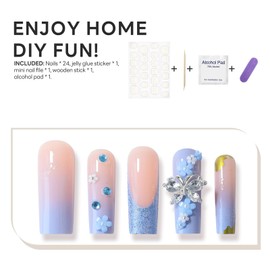 Extra Long Press on Nails Square Fake Nails French Tip False Nails with 3D Rhinestones Butterfly Pearl Designs Glitter Blue Y2K Fake Nails Full Cover Stick On Nails Glue on Nails for Women 24 Pcs