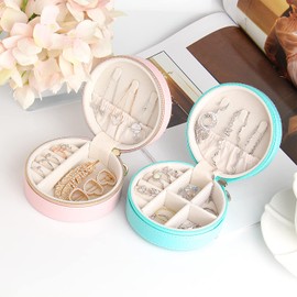 Travel Jewelry Box Organizer with Zipper Small Jewelry Case PU Leather Jewelry Box Portable Storage Case Holder (Pink)