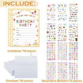 50pcs Birthday Party Invitations with Envelopes＆ Stickers Set, Kids Birthday Invitations Cards for Boys and Girls, 7 x 5inch
