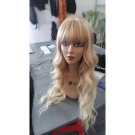 Blonde Long Body Wave Wigs with Bangs for Women Ash Blonde Soft Fluffy Hair Dark Messy Root Natural Synthetic Long Wavy Wig with Bangs (T27/613, 26 inch)