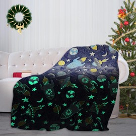 CoFlink Glow in Dark Spaceship Blanket, 59×51 Inch Soft Flannel Fleece All Season Throw Blanket with Cute Pattern for Christmas Kids Gift (Blue-Space)