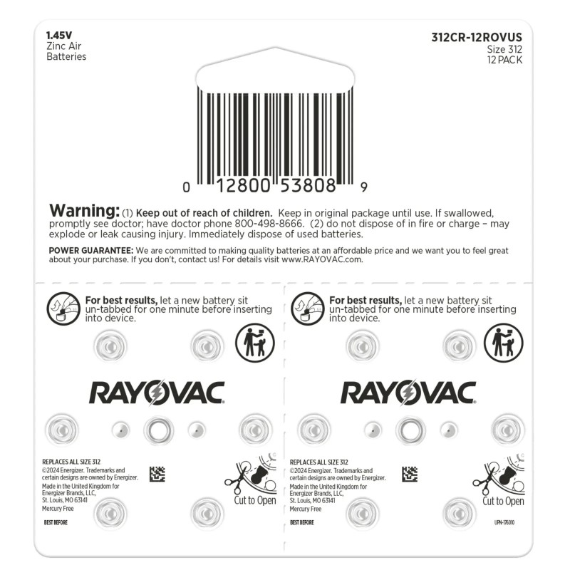Rayovac Size 312 Hearing Aid Batteries (12 Pack), Size 312