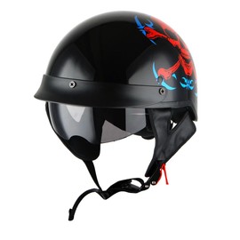 1Storm Motorcycle Half Face Helmet Mopeds Scooter Pilot with Retractable Inner Smoked Visor, Red Skull