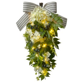 Floral Teardrop Swags All Season Lighted Teardrop Wreath with Timer(Steady and Flashing Modes) Artificial Blueberry White Hydrangea Eucalyptus Leaves and Bow Floral Arrangement for Door Wall Mantel