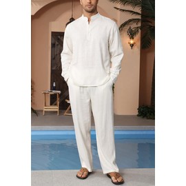 Lamgool Men’s Linen Set 15 Pieces Long Sleeve Button Henley Shirts Casual Drawstring Pants Summer Beach Yoga Outfits(White,M)