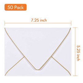 A7 White Envelopes 5 x 7 With Gold Border,- 50 Pack,For 5x7 Cards| Quick Self Seal| Perfect for Weddings, Invitations, Photos, Graduation, Baby Shower| 250GSM Luxury paper|5.25 x 7.25 Inches (White))