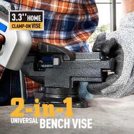 Dual-Purpose Combined Universal Vise 3.3" with 360° Swivel Base Work, Bench Vise or Table Vise Clamp-On with Quick Adjustment, Movable Home Vice for Woodworking