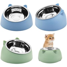 Hamiledyi Raised Cat Bowls 4 PCS - 15° Tilted Elevated Stainless Steel Food & Water Bowls for Anti-Vomiting, Spill Proof - Detachable Pet Dish Set for Cats/Kittens Feeding (Blue+Green, 200+400 ML)