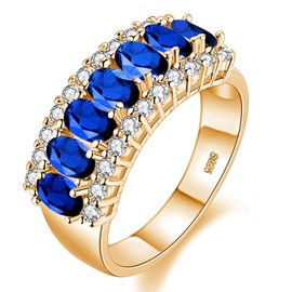 Uloveido Women's Gold Plated Weddding Bands with 7 pcs Oval Cut Dark Blue CZ Zircon Stones for Women J501 (Gold, Dark Blue, Size 7)