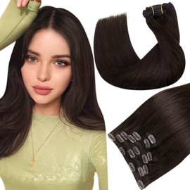 Hetto Real Hair Clip-In Brown Extensions, Clip-In Real Hair Remy Extensions, Clip-In Hair Extensions, Darkest Brown #2 120 g 40 cm