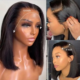 Bob Wig Human Hair 13X4 Lace Front Wigs Human hair 200% Density Short Straight Frontal Bob Wig HD Transparent Lace Frontal wigs Pre Plucked for Women Glueless Wigs With Baby Hair Natural black 8 Inch