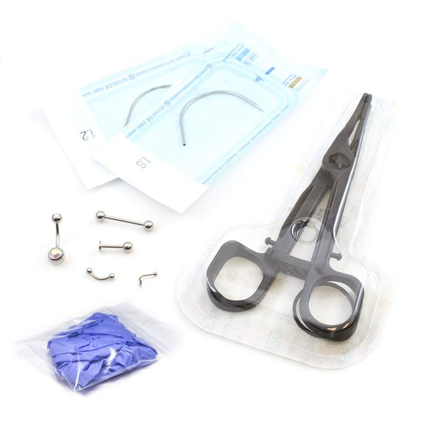 Professional Piercing Kit 9 Pieces With Curved needles Perfect to Belly, Tongue, Cartilage, Eyebrow and Nose Jewelry