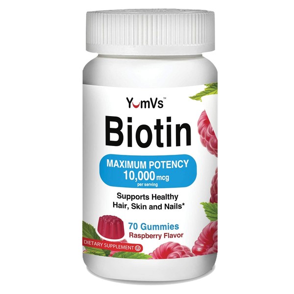 Biotin 10000 mcg Maximum Potency Gummies by YumVs | for Adults Women & Men | Hair, Skin & Nails Support | Natural Raspberry Flavor - 70 Count