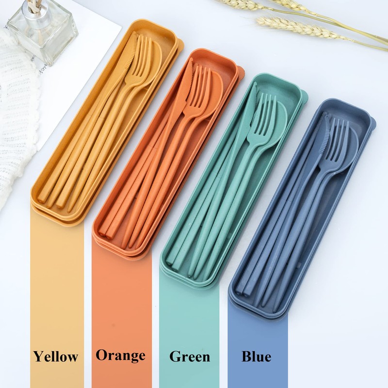 DISSKNIC Reusable Travel Utensils with Case, 4 Sets Wheat Straw