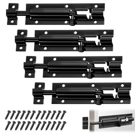Security Door Bolt Made of Stainless Steel, Pack of 4 Sliding Door Lock with 24 Screws, Sliding Lock Door Bolt Latch, Stainless Steel Bolt Lock for Garden Gate, Bathroom, Shed (5 Inches, Black)