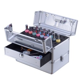 Clear Panel Top Nail Polish Makeup Train Case 16" Aluminum Professional Cosmetic Organizer Box with Slide Out Drawer (Silver)