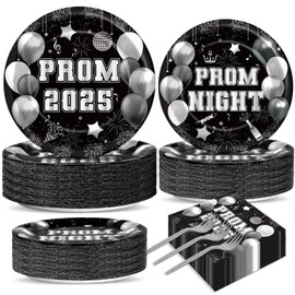 200pcs Prom Night Party Supplies Decoration 2025 Graduation Plates Napkins Black Silver Dance Tableware Congrats Class of Proms Dinnerware Set for Graduate Celebration Parties Favor Serves 50